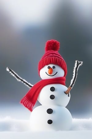 "A cheerful snowman with a smiling face made of coal, wearing a red knitted scarf and hat, against a soft blurred snowy backdrop."