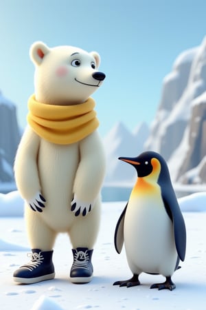 3D Character of a cute polar bear and penguin skates with a yellow turtleneck. backgroud is a snowy arctic island. snowing.extreme realism, real life,realistic image, high-quality lighting,16k UHD,ultra high res, ultra realistic, hightly detailed