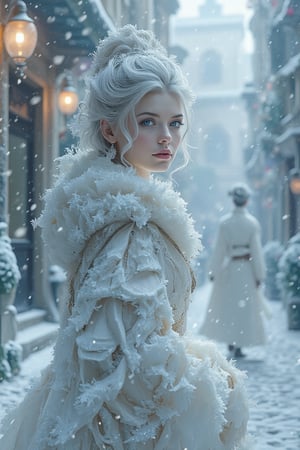 Snow-kissed beauty strides forward, gaze locked on the viewer as she glances over her shoulder. Framed by a warm glow from nearby lanterns, her porcelain complexion and rosy cheeks radiate amidst the winter wonderland's serene silence. In the background, a white--robed scholar navigates the ancient city's cobblestone streets, wisps of fog swirling around him like ethereal whispers..retro glam,,surreal,sparkles