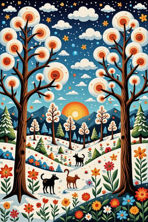 A whimsical folk art. surreal naive art style illustration, whimsical scene, swirling patterns of (snow-covered trees, clouds, field, hill and flowers), detailed patterns of trees, circular designs on branches, interspersed animals, fractal elements within the patchwork gardens, aesthetic touches, ultrafine detail.