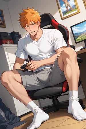 score_8_up, score_7_up, Expressiveh, masterpiece, best quality, best aesthetics, perfect anatomy, perfect proportions, high resolution, good colors, bright skin, good shading, good eyes, countershading, well detailed background, BREAK, male focus, male, ichigokurosaki,kurosaki ichigo,orange hair,brown eyes,spiked hair, bara, BREAK, bedroom, male focus, sitting on gaming chair, grey tracksuit , white socks, 1boy, dutch angle,full body picture,sweatdrop, depth of field, atmospheric perspective,