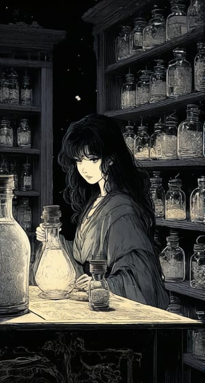 A scene in which a girl with black hair is dressed in a robe and is preparing a potion. A dark room should be visible in the background. In addition, there are various potions on the shelves.,Manga style illustration,1990s