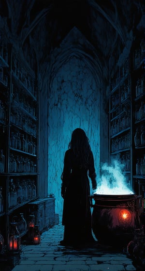 A lone figure, a girl with raven-black locks, stands amidst a dimly lit chamber, her focus fixed on concocting a mysterious elixir within a bubbling cauldron. A dark room stretches out into the background, shrouded in mystery. Shelves laden with an assortment of peculiar potions and vials line the walls, casting an otherworldly glow. Manga-style illustration, 1990s.