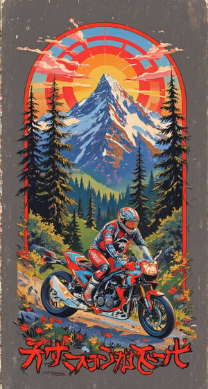 Japanese style, 80s retro vibe, aesthetic, motor sports design, geometric mountain background, retro-style sun.