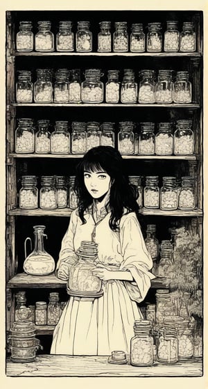 A scene in which a girl with black hair is dressed in a robe and is preparing a potion. A dark room should be visible in the background. In addition, there are various potions on the shelves.,Manga style illustration,1990s