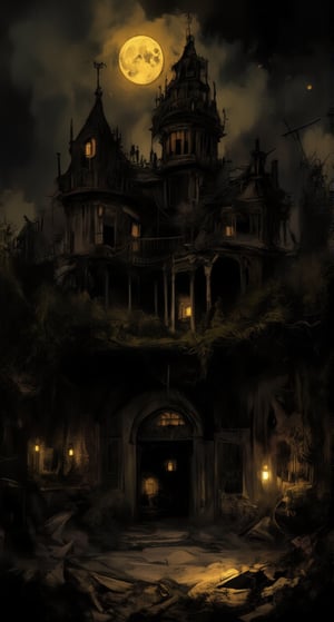 A eerie, abandoned mansion looms in the darkness, its turrets reaching towards a sickly yellow moon. Overgrown vines wrap around crumbling stone walls, as a creaking door slowly opens, revealing a dimly lit foyer with cobweb-covered chandeliers. A lone flashlight flickers, casting an ominous glow on the dusty floor.