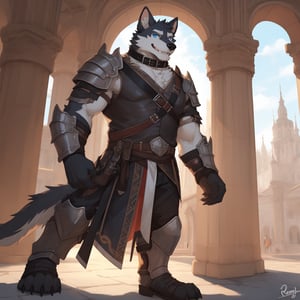 lighting, shadows, Solo, furry, white_husky, white and black body, Detailed_body_fur, black_collar, masterpiece, gray_body, Detailed face, big eyebrows, blue_eyes, looking_at_viewer, No_muscles, Detailed_hands, Flat_body, Skinny, Detailed_paws, leather_bracers, indoors, wizard_tower, day, standing, art_by_pache_riggs, confident, tall, one_hand_on_hip, claws, empty_hands, sharp_nails, (highly detailed beautiful face and eyes), renaissance era, dynamic angle, smiling, pants, scaled shoulder plating, solo, personal guard, 5 fingers, pointing up, half closed eyes, white clothing, leather armor, tall, perfect anatomy, fancy clothing, excited, armored, lively eyes, high resolution