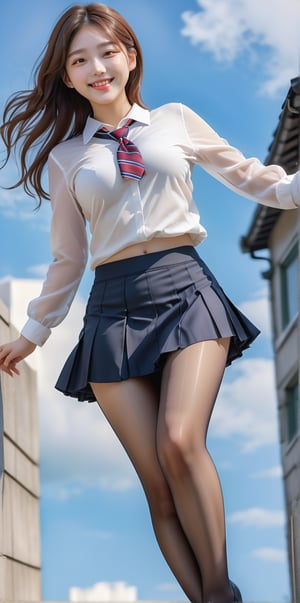 (Full body shot:1.3), (from below), Image, best quality, masterpiece, ultra high definition, natural proportions, ultra high definition, realistic and vivid colors, detailed UHD drawing, perfect composition, 8k, texture, breathtaking beauty, bright smile, pure perfection, unforgettable emotions, female 1, korean, medium chest, school girl fashion, shiny pantyhose, wind blows and lift up the skirt.