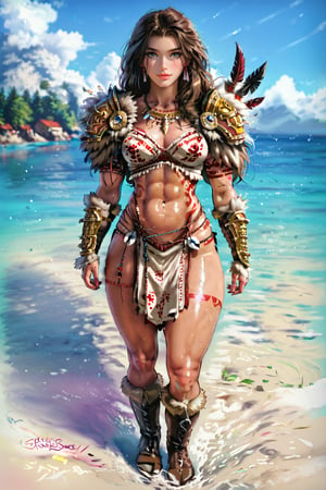 (Female barbarian), (Barbarian woman), (tanned skin), (perfect skinny thick body), (detailed art skin, strong female shape, muscle-body, oiled skin, shinny skin, tanned skin), ((golden jewelry), tribal tattoo, tribal clothes design, viking armor, barbarian armor, amazoness armor, (fur armor), (sensual fur boots), (stylish clothes of fantasy)), (perfect yellow morning skies, perfect chill wallpaper scene, medieval city rooftops), (masterpiece), best quality, expressive eyes, perfect face, (uhd, hdr, colorful, high-contrast, highly-detailed, entricate, depht of field, post-processing effects, adaptative-bloom lighting), better photo angle, full body view