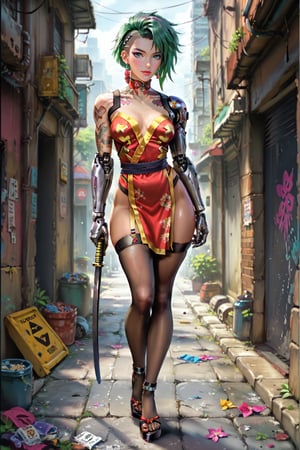 (Female Yakuza gang member in a distopic scene), (tanned skin), (perfect sensual skinny body), ((yakuza full body tattoos), detailed art skin, definited body, oiled skin, shinny skin, tanned skin), ((Female yakuza style), samurai clothes, asian accessories, asian topknot hair, asian make-up, (robotic arms, detailed silver details, chromatic parts), (high-heels), (body stockings), (sci-fi katana), (stylish clothes of cyberpunk)), ((perfect morning skies, beautiful pinky clouds), (cyperpunk chill city alley), futuristic city, beautiful sci-fi ambience, surrealistic distopic scene), (masterpiece), best quality, expressive eyes, perfect face, (uhd, hdr, colorful, high-contrast, highly-detailed, entricate, depht of field, post-processing effects, adaptative-bloom lighting), better photo angle, full body view