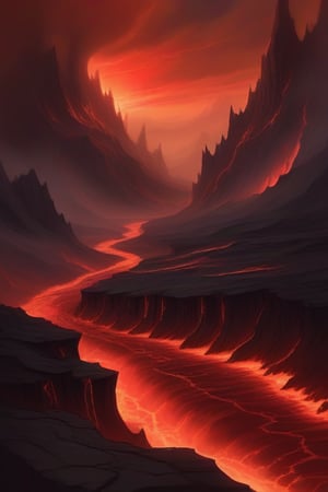 “A vast, fiery landscape with rivers of molten lava flowing through jagged, blackened rocks. The sky is a dark, ominous red, filled with swirling clouds of ash and smoke. Demonic creatures with glowing eyes and sharp claws roam the terrain, while tormented souls scream in agony, chained to burning pillars. The air is thick with the smell of sulfur and the heat is unbearable, creating a sense of eternal suffering and despair.”