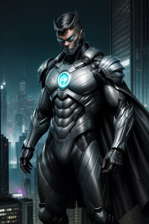 Create a highly detailed and realistic concept art of a comic book character. The character should have a modern, urban look with a mix of futuristic elements. They should be wearing a sleek, armored suit with intricate designs and glowing accents. The background should depict a bustling cityscape at night, with neon lights and towering skyscrapers. The character should have a confident and heroic pose, with a determined expression on their face.