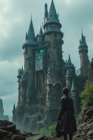 A futuristic castle rises from the ruins of a long-forgotten metropolis, its metallic spires piercing the darkened sky. The once-majestic walls now crumble amidst a tapestry of vines and debris. Neon-lit windows glimmer like scattered gemstones within the structure's rusted framework. In the foreground, a lone figure in a leather trench coat stands atop a pile of rubble, gazing out upon the desolate landscape with a mixture of longing and defiance,photorealistic:1.3, best quality, masterpiece,noc-landscape,noc-detail