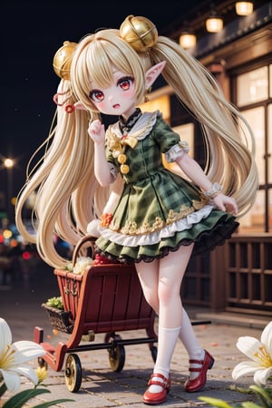 Yaoyao_Impact, red eyes, (((very long blonde hair))), twintails, full_body, sleigh bell, blurry_background, loli, blush, (Hands:1.1), better_hands, open mouth, hair ornament, earrings, pointy ears, (park of flowers), (checked dress), (green dress), red shoes, standing_up,