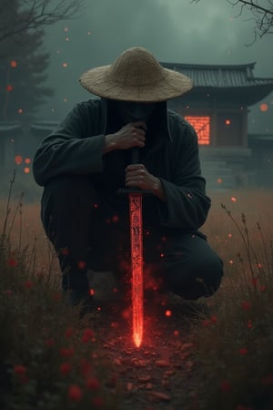 A captivating and enigmatic digital illustration features a shadowy figure, seemingly a warrior or samurai, kneeling amidst a dimly lit, foggy field. The character dons a wide-brimmed straw hat and a mysterious mask, concealing their identity. Their hand grips a magnificent sword with intricate engravings that emit a mesmerizing, fiery red aura. The background reveals a traditional, architectural structure—possibly a temple or shrine—bathed in the soft glow of floating embers or fireflies. The composition by Hans Darias exudes an eerie atmosphere, skillfully blending warm and cool tones to evoke a palpable sense of tension and expectation.