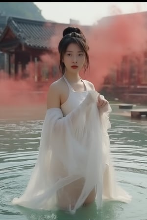 A Chinese Taoist woman wearing white Taoist robe, off shoulders, bar shoulders, single bun,cinematic light, perfect anatomy, (smoke:1.4), stand in water with front facing us, a drift of red smoke swirls around here, background is (Taoist temple:1.4), (swirls smoke:1.4), sharp focus, volumetric fog, 8k UHD, DSLR, high quality,subu