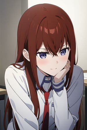 makise kurisu, shiny skin,indoor, masterpiece, best quality, high quality illustrations, extremely cute, normally being sharp but at some prompt suddenly becoming lovestruck,kurisu makise, smiling 