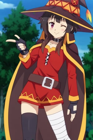 (((Appearance:

megumin, short hair, black hair, red eyes, short hair with long locks))),

(((Outfit:

thighhighs, gloves, hat, dress, black gloves, belt, black thighhighs, fingerless gloves, cape, collar, witch hat, bandages, red dress, single thighhigh, asymmetrical legwear, bandaged leg))), (((cute, being silly, fully clothed, five fingers on each hand, wink)))