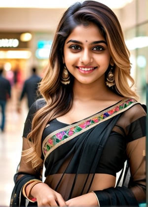 lovely cute young attractive indian teenage girl in a black transparent saree,  smile, 23 years old, cute, an Instagram model, long blonde_hair, colorful hair, winter, shopping in a mall ,Indian, 