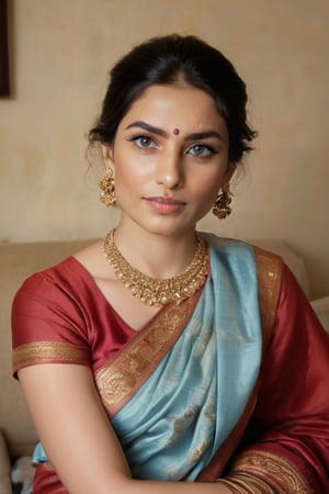 a beautiful Indian woman, dressed in a red saree, adorned with a gold necklace and earrings. Her hair is pulled back in a bun, cascading over her shoulders. Her eyes are adorned with blue eyes, adding a pop of color to her face. She is seated on a beige couch, her left arm resting on the armrest of the couch. The backdrop is a cream wall with a framed painting on it. To the left of the woman, a brown curtain with a brown tie is hanging from it.