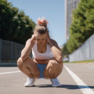 Captured at eye-level on a sunny day, a woman in a pink bikini is squatting on the ground with her hands on her knees. She is wearing white and blue tennis shoes with white laces. Her hair is pulled back in a ponytail. A man in a black and white t-shirt and black shorts is running on the right side of the frame. Two other women are running in the distance behind her. A metal fence is on the left of the image. Tall trees and buildings can be seen in the background behind the fence.