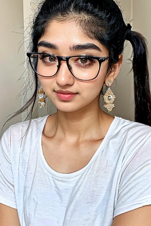 Mallu, 1girl, 18yo, solo, twin tail ponytail, two bun , long hair, looking at viewer, black hair, turtle, short trouser, upper body, earrings, eye glasses, black eyes, lips, realistic,  