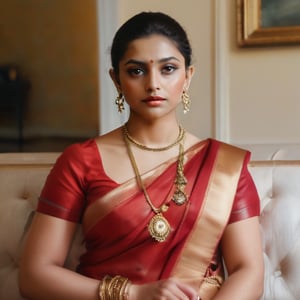 a beautiful Indian woman, dressed in a red saree, adorned with a gold necklace and earrings. Her hair is pulled back in a bun, cascading over her shoulders. Her eyes are adorned with blue eyes, adding a pop of color to her face. She is seated on a beige couch, her left arm resting on the armrest of the couch. The backdrop is a cream wall with a framed painting on it. To the left of the woman, a brown curtain with a brown tie is hanging from it.