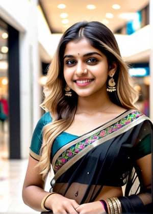 lovely cute young attractive indian teenage girl in a black transparent saree,  smile, 23 years old, cute, an Instagram model, long blonde_hair, colorful hair, winter, shopping in a mall ,Indian, 