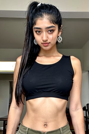 Mallu, 1girl, 18yo, solo, twin tail ponytail, two bun , long hair, looking at viewer, black big hair, short trouser, upper body, navel, earrings, black eyes, lips, realistic,  