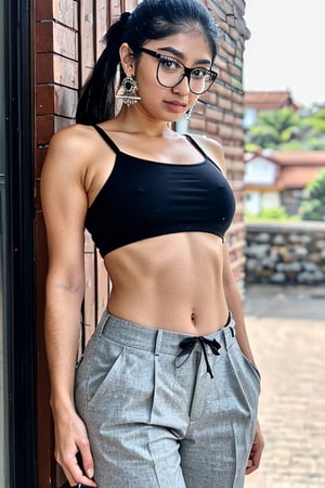 Mallu, 1girl, 18yo, solo, twin tail ponytail, two bun , long hair, looking at viewer, black hair, turtle, short trouser, morden dress, upper body, navel, , earrings, eye glasses, black eyes, lips, realistic,mallu,  