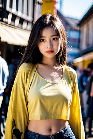 A beautiful female college student with big, expressive eyes, lively and vibrant, possessing a great temperament and a charming , A girl in the wild, ((A natural photo of a village handsome girl with an innocent expression taken at an 85mm angle of view , wearing topper yellow shirt , standing in club, beautiful boobs in bra, realistic and simple clothes 