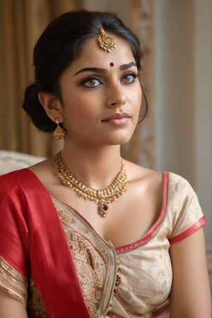 a beautiful Indian woman, dressed in a red saree, adorned with a gold necklace and earrings. Her hair is pulled back in a bun, cascading over her shoulders. Her eyes are adorned with blue eyes, adding a pop of color to her face. She is seated on a beige couch, her left arm resting on the armrest of the couch. The backdrop is a cream wall with a framed painting on it. To the left of the woman, a brown curtain with a brown tie is hanging from it.