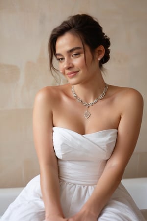 a beautiful young woman stands in front of a white bathtub. She is dressed in a cream strapless dress, adorned with a silver necklace and earrings. Her hair is pulled back in a bun, adding a touch of texture to her face. The backdrop is a cream-colored wall with a mirror and a light fixture. The bathtub is adorned with silver faucets, and a white towel is resting on the edge of the tub.