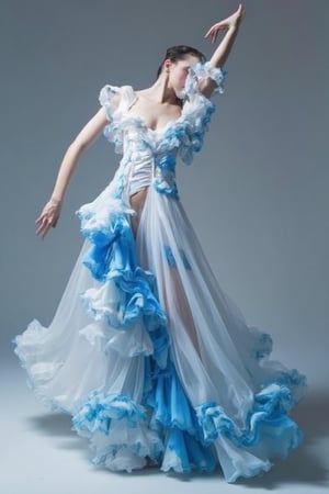 A beautifully proportioned European model dances gracefully in a high-waisted, ruffled white dress with disruptive blue accents, blending white and blue in a digital painting style. The central vertical slit is adorned with numerous cascading ruffles, creating a sense of presence and movement. The composition highlights the model's elegance and the intricate design of the dress, capturing the essence of dynamic beauty.