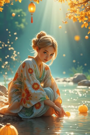 Medium shot of a young girl wearing a traditional kimono kneeling by a tranquil river bank. She has intelligent green eyes and beautiful silky golden hair, looking brightly at the camera and gently placing Toro water into the flowing river with her hands. Soft sunlight illuminates her pensive face, with a Japanese pattern in the background. The composition centers on the girl, with the river and lanterns radiating outward. Watercolor strokes in soft blue and green tones reflect a peaceful atmosphere. Warm lighting and vibrant lanterns floating lazily on the water add to the tranquil scene with their soft glow.