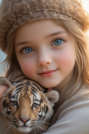 A hyper-realistic photo of a cute little girl with big blue smart eyes, wearing a gorgeous woolen hat, smiling at the camera while hugging a cute little tiger. The scene is framed close-up, capturing the warmth of their embrace. Soft natural lighting highlights the details of the girl's expression and the tiger's fur. The composition centers on the girl and tiger, with the hat adding a touch of charm. Official art style, crisp and detailed.