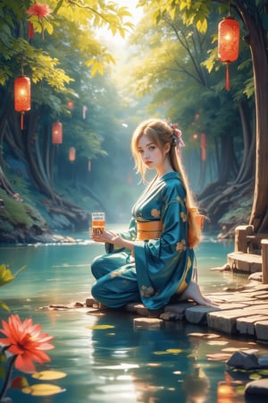 Medium shot of a young girl in a traditional kimono, kneeling by a tranquil river bank. Her intelligent green eyes and silky golden hair catch the soft sunlight, illuminating her pensive face as she gently places Toro water into the flowing river. The composition centers on her, with the river and vibrant lanterns radiating outward. Watercolor strokes in soft blue and green tones create a peaceful atmosphere. Warm lighting and floating lanterns add a soft glow to the tranquil scene.