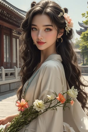 A beautiful Russian mixed-race girl with very long, slightly curly black hair adorned with hair accessories and a hair flower, standing solo outdoors near East Asian architecture. She wears a Japanese kimono with wide sleeves, a single bun, and a belt, holding various flowers. Her green bright eyes look at the viewer, with a slightly open smile revealing red lips, and a slightly red face. She has long sleeves, jewelry, and makeup, standing from the side near railings, under sunlight, in a neoclassical art style.