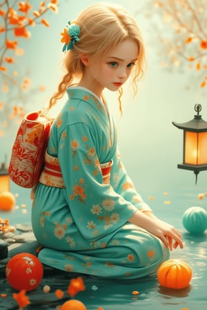 Medium shot of a young girl in a traditional kimono, kneeling by a tranquil river bank. Her intelligent green eyes and silky golden hair catch the soft sunlight, illuminating her pensive face as she gently places Toro water into the flowing river. Japanese patterns in the background, with vibrant lanterns floating lazily on the water. The composition centers on the girl, with the river and lanterns radiating outward. Watercolor strokes in soft blue and green tones create a peaceful atmosphere, enhanced by warm lighting and the lanterns' soft glow.