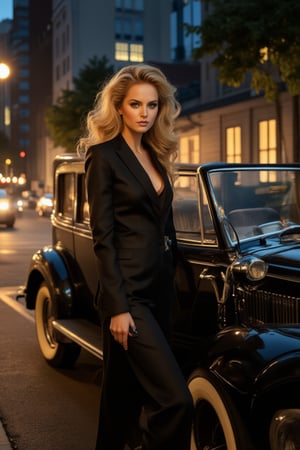 At dusk, Ms. LaRosa confidently poses beside her 1930 Cadillac V16 Madame X sedan convertible on a dimly lit street. She stands tall, exuding mature glamor with a sultry gaze framed by luscious hair and smoky eyes, illuminated by city lights. Her golden hair flows like silk onto porcelain skin, contrasting with the sharp creases of her fitted suit. The 35mm camera captures every detail, from the intricate chrome trim to the gleaming curves of the car, in a surreal 8k resolution masterpiece.