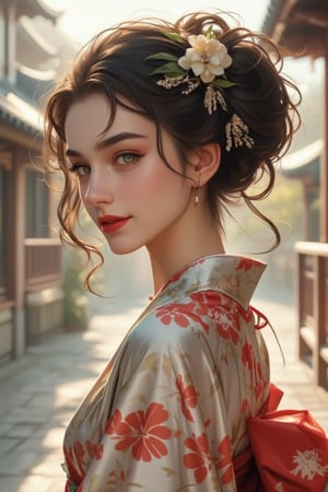 A beautiful Russian mixed-race girl with long, slightly curly black hair adorned with hair accessories and a hair flower, standing solo outdoors. She wears a Japanese kimono with wide sleeves, a single bun, and a belt, featuring floral prints. Her green bright eyes look directly at the viewer, with a slightly open smile revealing red lips. Her face is slightly red, and she wears earrings and jewelry. The scene is set against East Asian architecture with railings, illuminated by sunlight. The composition is from the side, capturing her long sleeves and makeup.