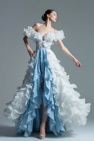 A beautifully proportioned European model dances gracefully in a high-waisted, ruffled white dress with disruptive blue accents, blending white and blue in a digital painting style. The central vertical slit is adorned with numerous cascading ruffles, creating a sense of presence and movement. The composition highlights the model's elegance and the intricate design of the dress, capturing the essence of dynamic beauty.