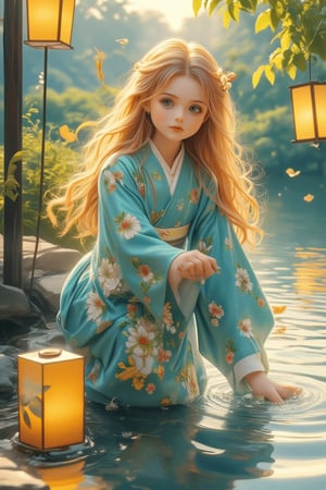 Medium shot of a young girl in a traditional kimono, kneeling by a tranquil river bank. Her intelligent green eyes and silky golden hair catch the soft sunlight, illuminating her pensive face as she gently places Toro water into the flowing river. Japanese patterns in the background, with vibrant lanterns floating lazily on the water. The composition centers on the girl, with the river and lanterns radiating outward. Watercolor strokes in soft blue and green tones create a peaceful atmosphere, enhanced by warm lighting and the lanterns' soft glow.