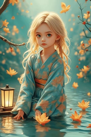 Medium shot of a young girl in a traditional kimono, kneeling by a tranquil river bank. Her intelligent green eyes and silky golden hair catch the soft sunlight, illuminating her pensive face as she gently places Toro water into the flowing river. Japanese patterns in the background, with vibrant lanterns floating lazily on the water, radiate outward from the centered girl. Watercolor strokes in soft blue and green tones create a peaceful atmosphere, enhanced by warm lighting and the lanterns' soft glow.