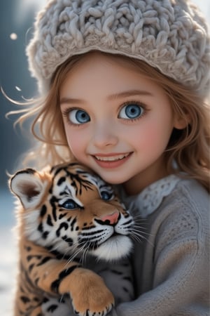 A hyper-realistic photo of a cute little girl with big blue smart eyes, wearing a gorgeous woolen hat, smiling at the camera while hugging a cute little tiger. The scene is framed close-up, capturing the warmth of their embrace. Soft natural lighting highlights the details of the girl's expression and the tiger's fur. The composition centers on the girl and tiger, with the hat adding a touch of charm. Official art style, crisp and detailed.