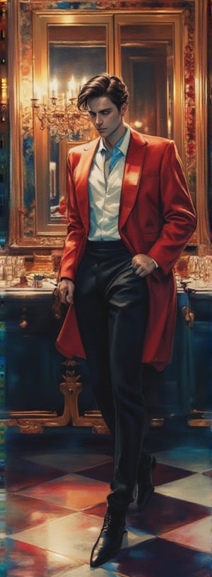 A handsome emo European man with a tall, sexy, and well-proportioned figure, dressed in fashionable attire inspired by Paris and Italian high fashion, attends a luxurious cocktail party. He exudes an aristocratic elegance. The scene is meticulously depicted in watercolor and gouache, capturing lifelike quality and masterpiece status. The 128K resolution showcases vibrant colors, mesmerizing reflections, and delicate gouache sketches of his entire body. The modern art style highlights beauty and sophistication, with soft lighting and a composed, elegant pose.