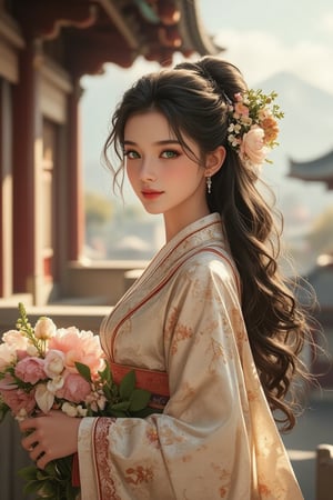 A beautiful Russian mixed-race girl with long, slightly curly black hair adorned with hair accessories and a hair flower, standing solo outdoors near East Asian architecture. She wears a Japanese kimono with wide sleeves, a single bun, and a belt, holding various flowers. Her green bright eyes look at the viewer, with a slightly open smile revealing red lips, and a slightly red face. She has long sleeves, jewelry, and makeup, standing from the side near railings, under sunlight, in a neoclassical art style.