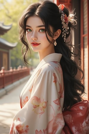 A beautiful Russian mixed-race girl with long, slightly curly black hair adorned with hair accessories and a hair flower, standing solo outdoors. She wears a Japanese kimono with wide sleeves, a single bun, and a belt, featuring floral prints. Her green bright eyes look directly at the viewer, with a slightly open smile revealing red lips. Her face is slightly red, and she wears earrings and jewelry. The scene is set against East Asian architecture with railings, illuminated by sunlight. The composition is from the side, capturing her long sleeves and makeup.