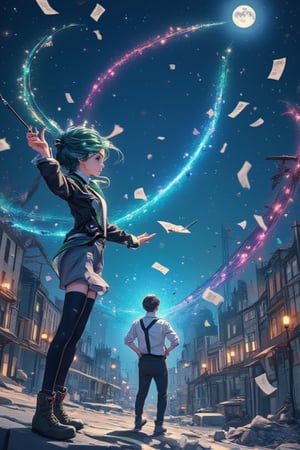 A 2D animation with an official art style, featuring a delicate and beautiful girl with bright blue star eyes and green asymmetrical long curly hair. She stands full body at a dynamic angle, conducting an outdoor concert under a midnight starry sky. Clad in a white shirt, gray suspenders, and a black technical jacket with green stripes and a tie, she holds a black baton and a magic wand, mesmerizing the audience. Sheet music and notes float around her, shimmering fragments adding depth. A male stands center stage, illuminated by moonlight, amidst a broken city in ruins. Meteor notes streak across the scene, captured in exquisite color blocks on a white background.