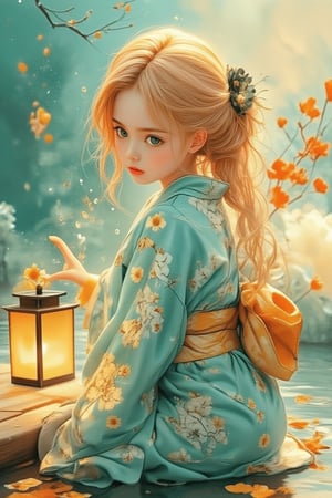 Medium shot of a young girl in a traditional kimono, kneeling by a tranquil river bank. Her intelligent green eyes and silky golden hair catch the soft sunlight, illuminating her pensive face as she gently places Toro water into the flowing river. Japanese patterns in the background, with vibrant lanterns floating lazily on the water, radiate outward from the centered girl. Watercolor strokes in soft blue and green tones create a peaceful atmosphere, enhanced by warm lighting and the lanterns' soft glow.